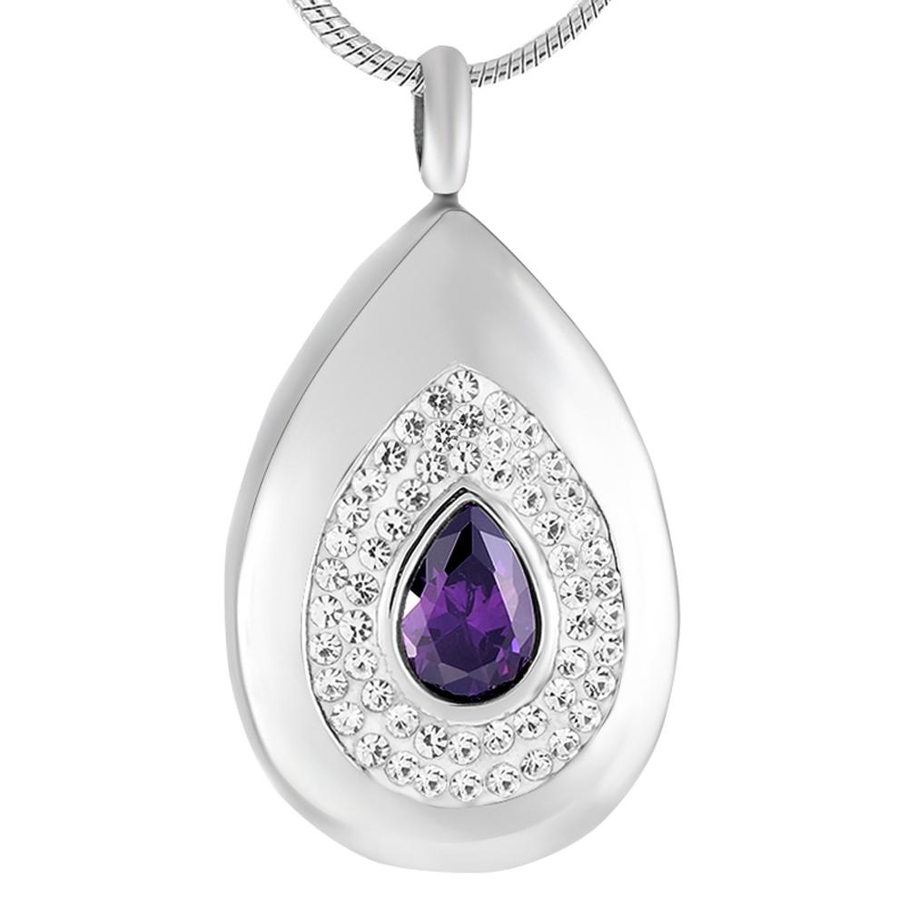 Cremation Necklace - Silver Teardrop Cremation Urn Necklace With Rhinestones & Purple Gemstone