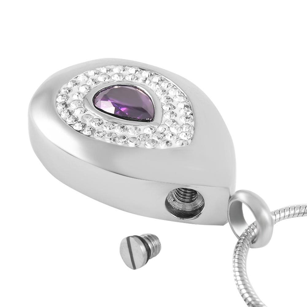 Cremation Necklace - Silver Teardrop Cremation Urn Necklace With Rhinestones & Purple Gemstone