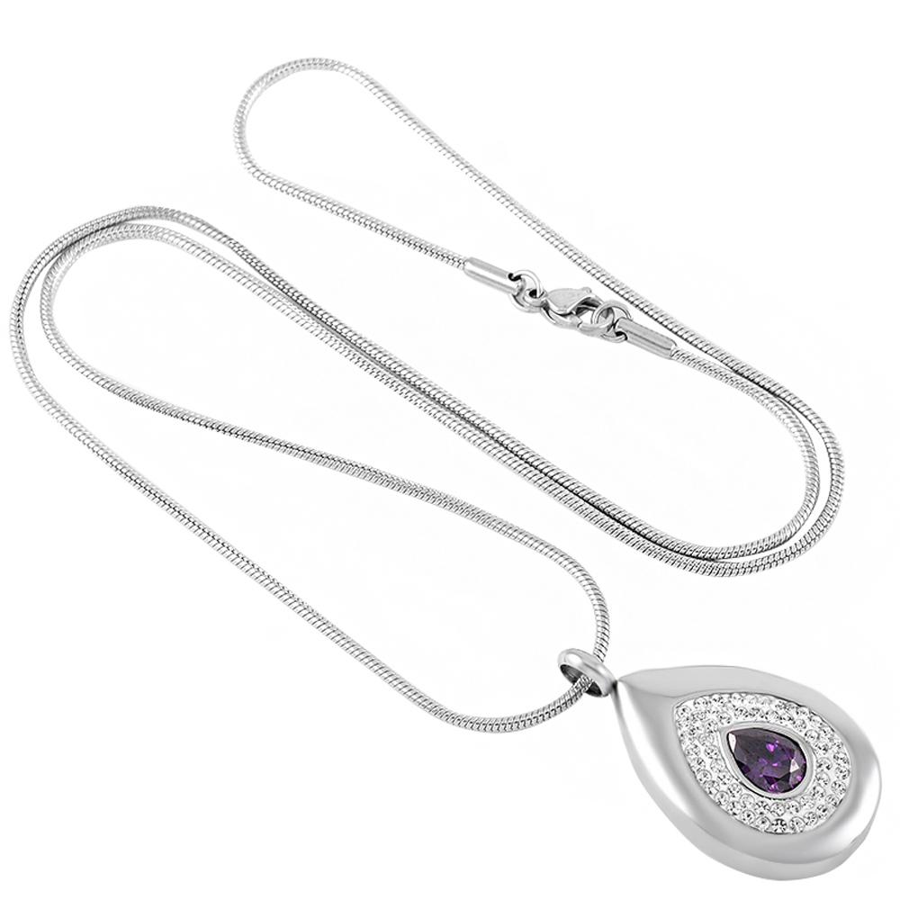 Cremation Necklace - Silver Teardrop Cremation Urn Necklace With Rhinestones & Purple Gemstone
