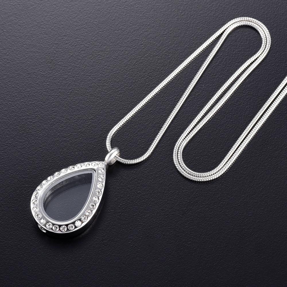 Cremation Necklace - Silver Teardrop With Rhinestones Cremation Urn Necklace