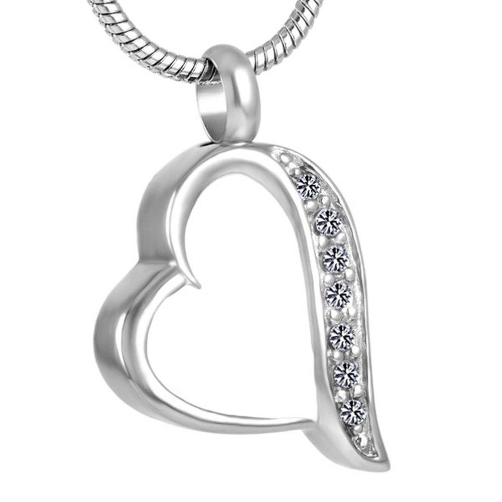 Cremation Necklace - Silver & White Heart Shaped Cremation Urn Necklace With Rhinestones