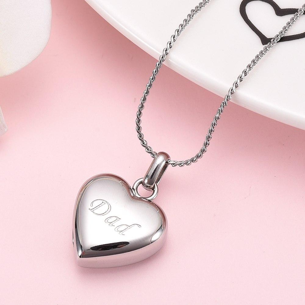 Cremation Necklace - Simple Heart Cremation Urn Necklace Etched With Dad