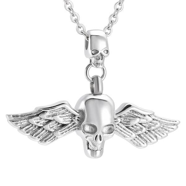 Cremation Necklace - Skull With Wings Cremation Urn Necklace