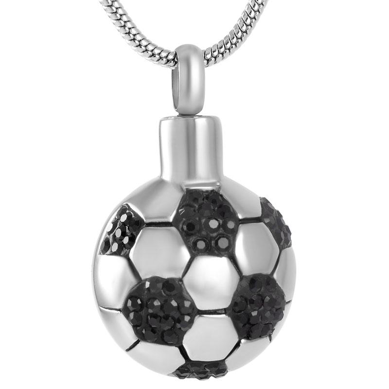 Cremation Necklace - Soccer Ball Style Cremation Urn Necklace With Black Rhinestones