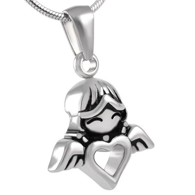 Cremation Necklace - Winged Angel Girl With Heart Cremation Urn Necklace