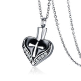Cremation Necklace - Women's Silver Rhinestone Heart Shaped Cremation Urn Necklace With Cross