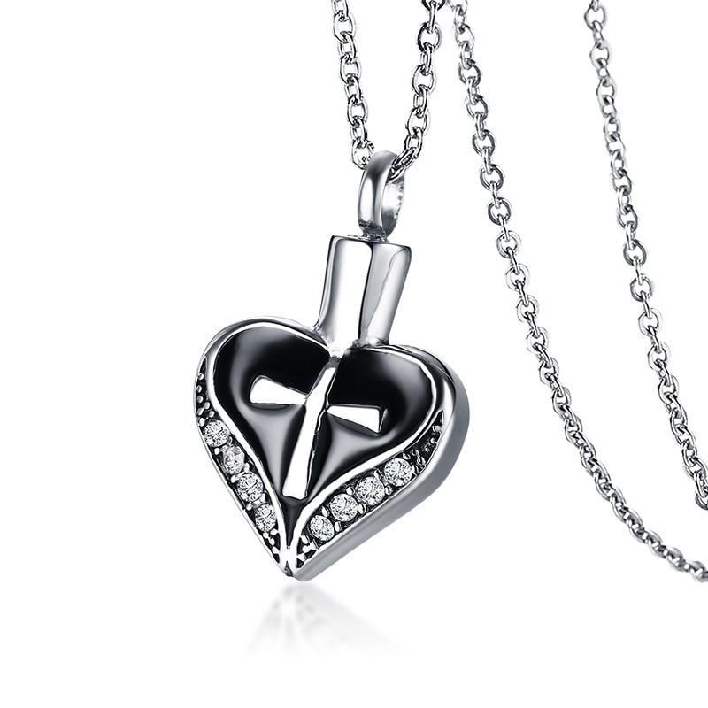 Cremation Necklace - Women's Silver Rhinestone Heart Shaped Cremation Urn Necklace With Cross