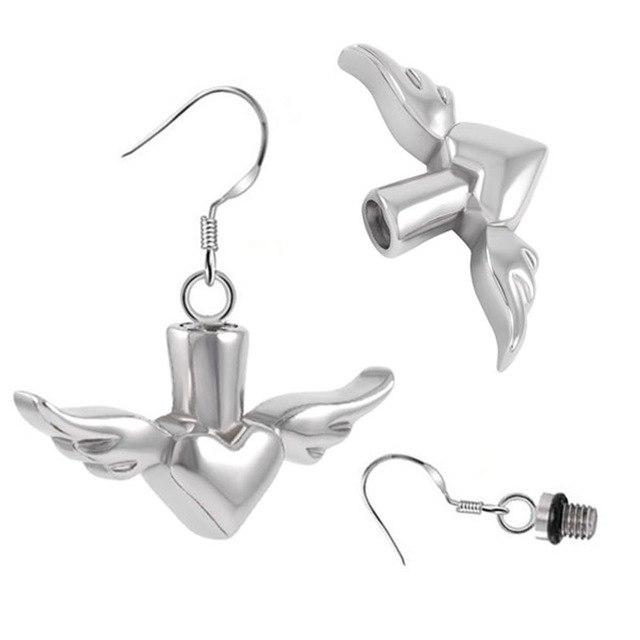 Earrings - Silver Heart & Angel Wings Cremation Urn Earrings