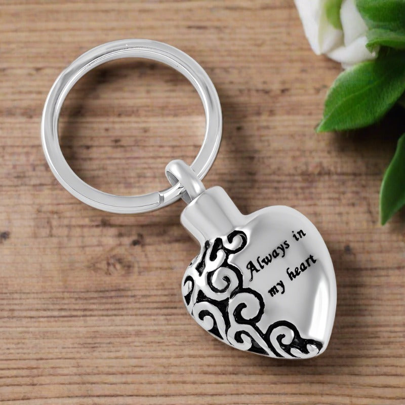 Keychain - "Always In My Heart" Silver Cremation Urn Keychain