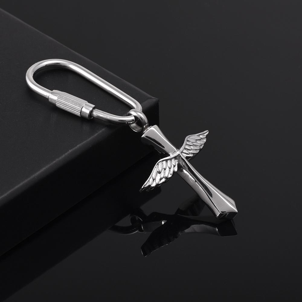 Keychain - Silver Angel Wing Cross Cremation Urn Keychain