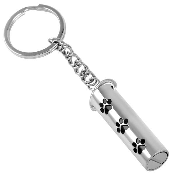 Keychain - Silver Cylinder Cremation Urn Keychain With Pet Paws