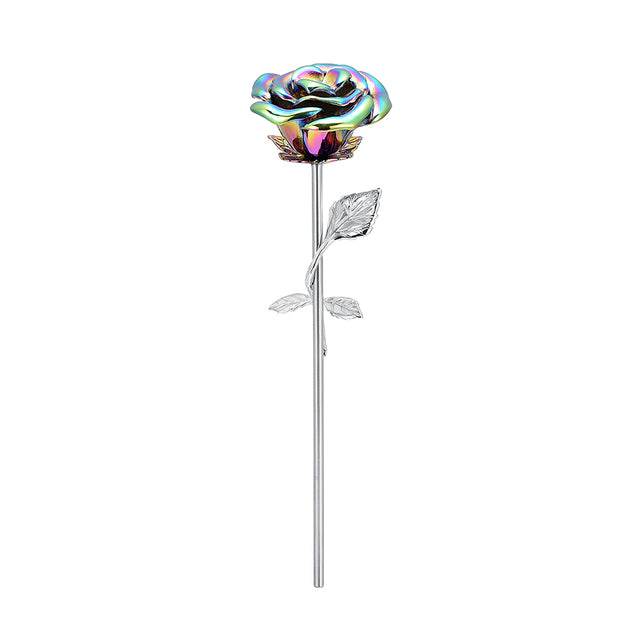 Unique Rose Flower Shaped Keepsake Cremation Urn Urn Cherished Emblems Rainbow With Silver Stem 