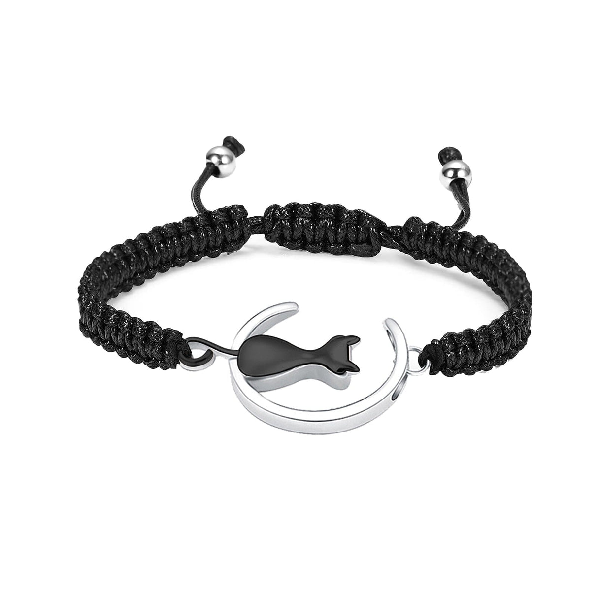 Cat and moon pet cremation bracelet in silver with black