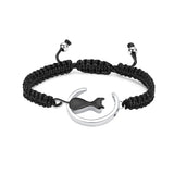 Cat and moon pet cremation bracelet in silver with black