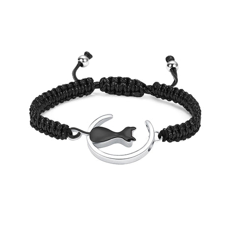 Cat and moon pet cremation bracelet in silver with black
