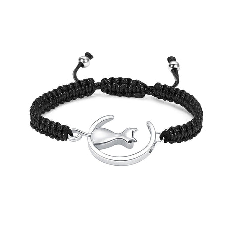 Silver cat and moon adjustable pet cremation bracelet